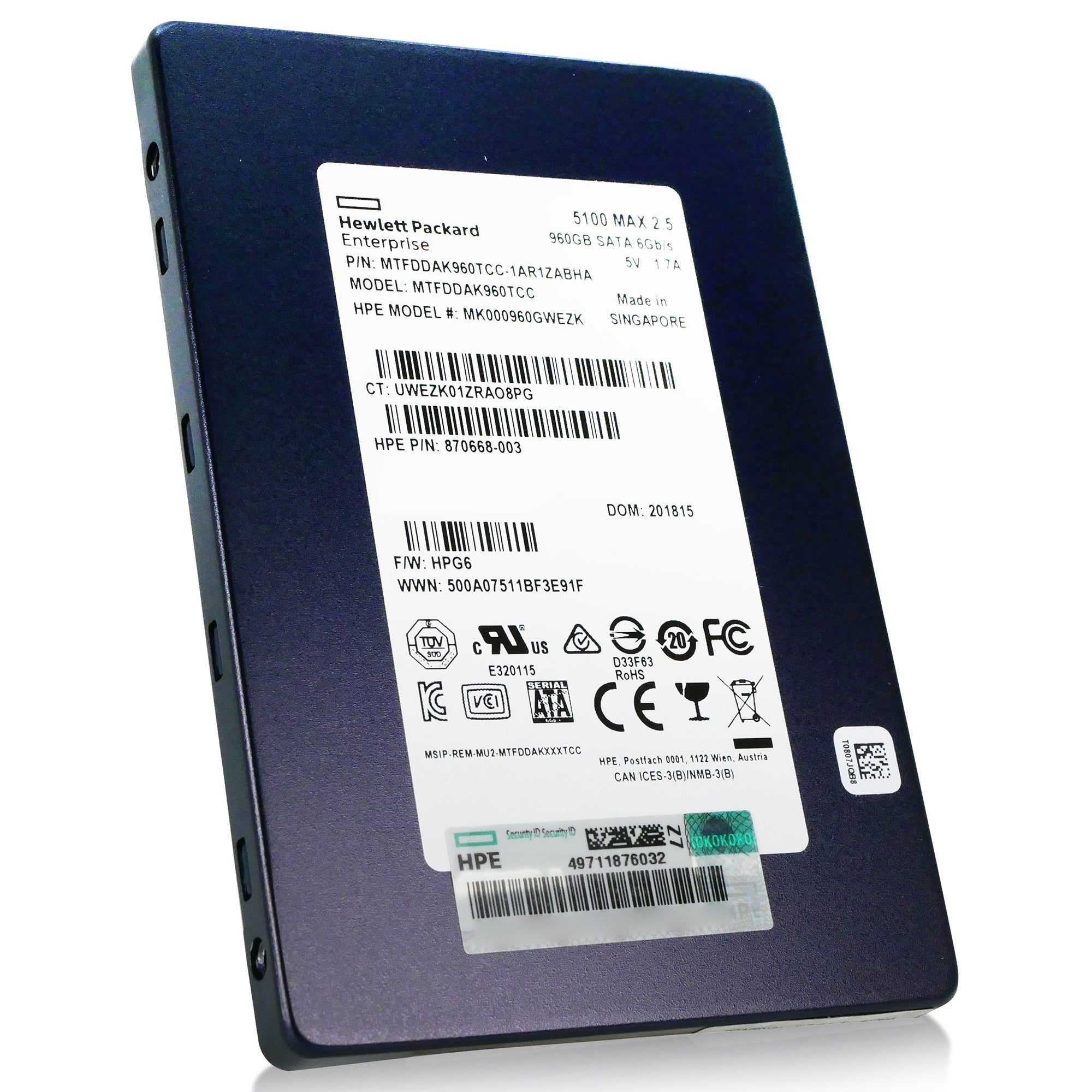 HP/Micron 5100 MAX MTFDDAK960TCC 960GB SATA 6Gb/s 3D TLC 2.5in Refurbished SSD