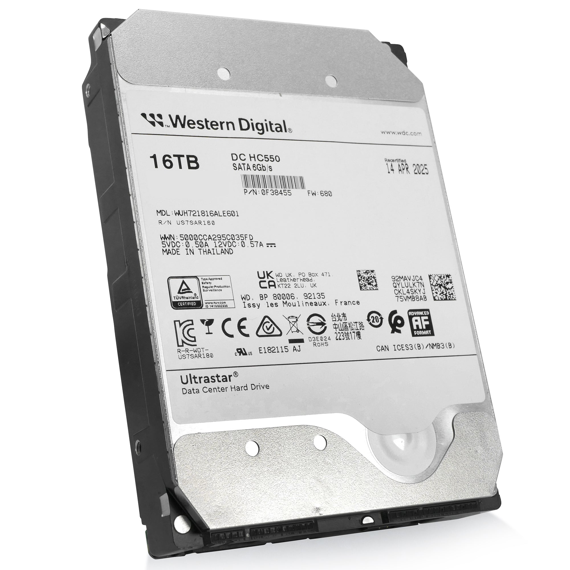 Western Digital Ultrastar DC HC550 WUH721816ALE601 0F38455 16TB 7.2K RPM SATA 6Gb/s 512e 3.5in Recertified Hard Drive