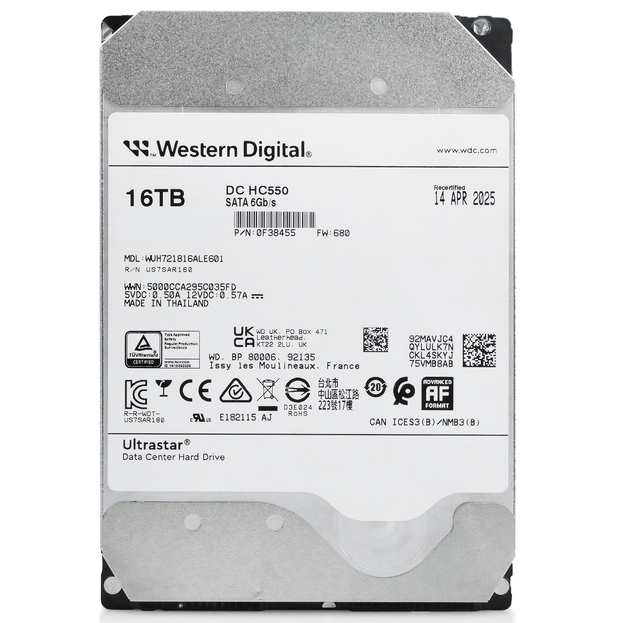 Western Digital Ultrastar DC HC550 WUH721816ALE601 0F38455 16TB 7.2K RPM SATA 6Gb/s 512e 3.5in Refurbished HDD