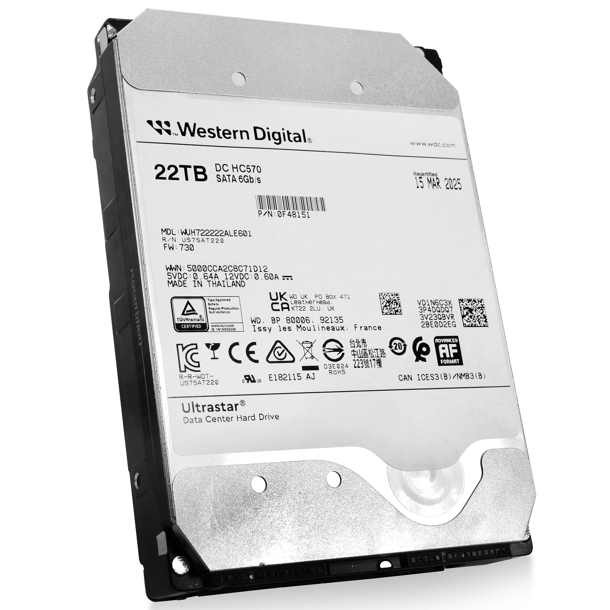 Western Digital Ultrastar DC HC570 WUH722222ALE601 0F48151 22TB 7.2K RPM SATA 6Gb/s 512e 3.5in Refurbished HDD
