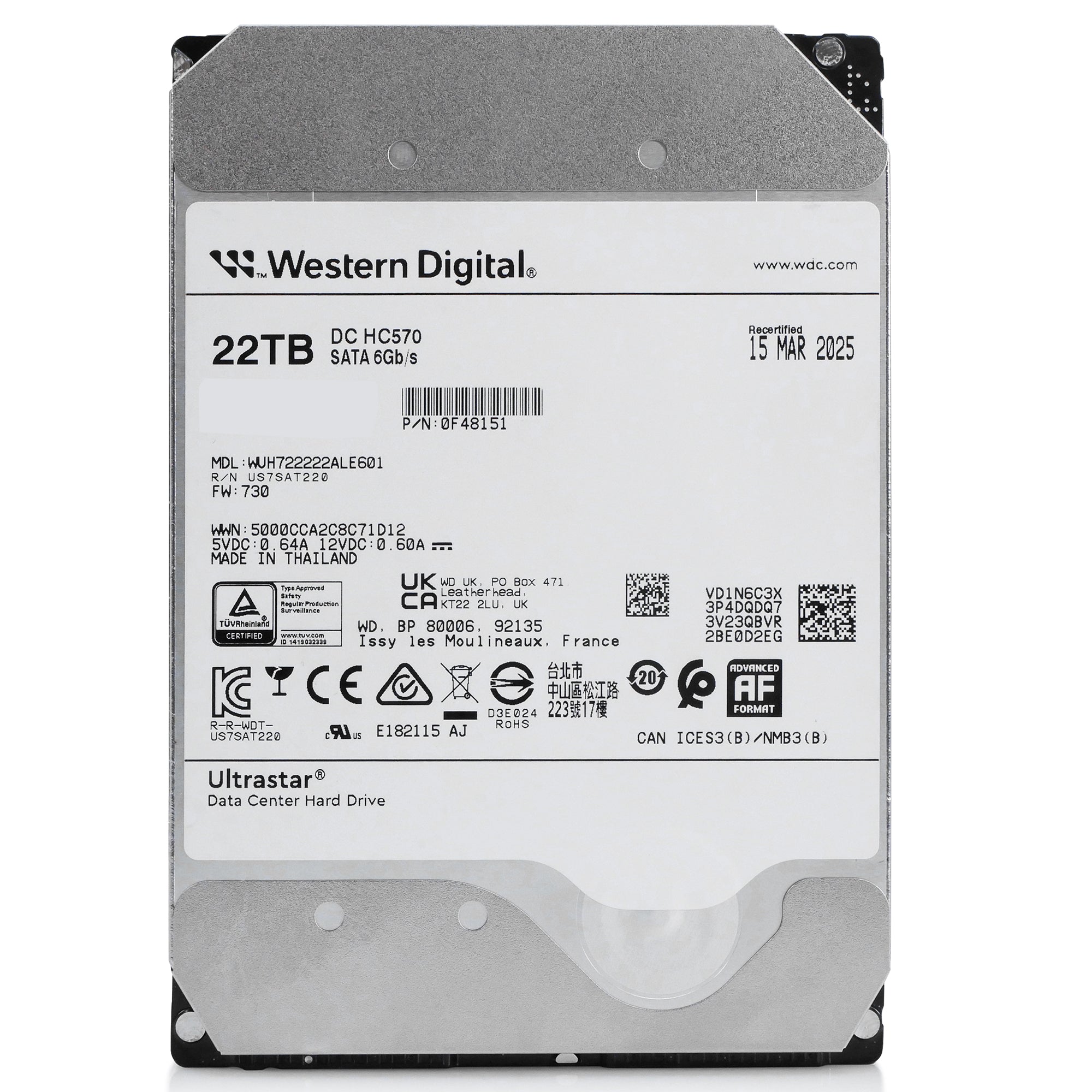 Western Digital Ultrastar DC HC570 WUH722222ALE601 0F48151 22TB 7.2K RPM SATA 6Gb/s 512e 3.5in Recertified Hard Drive