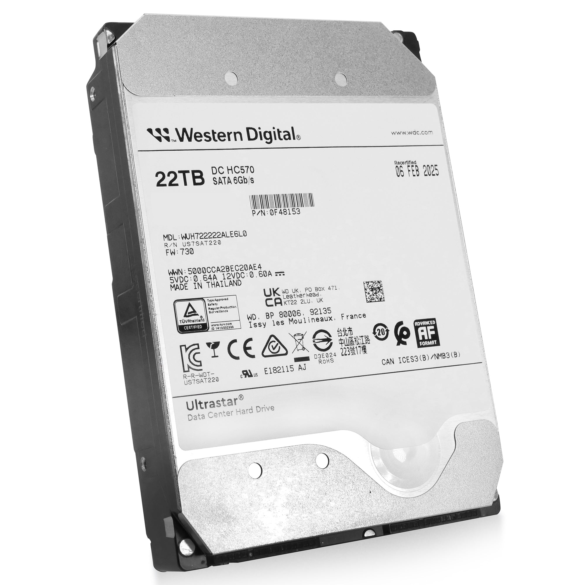 Western Digital Ultrastar DC HC HC570 WUH722222ALE6L0 0F48153 22TB 7.2K RPM SATA 6Gb/s 512e 3.5in Recertified Hard Drive
