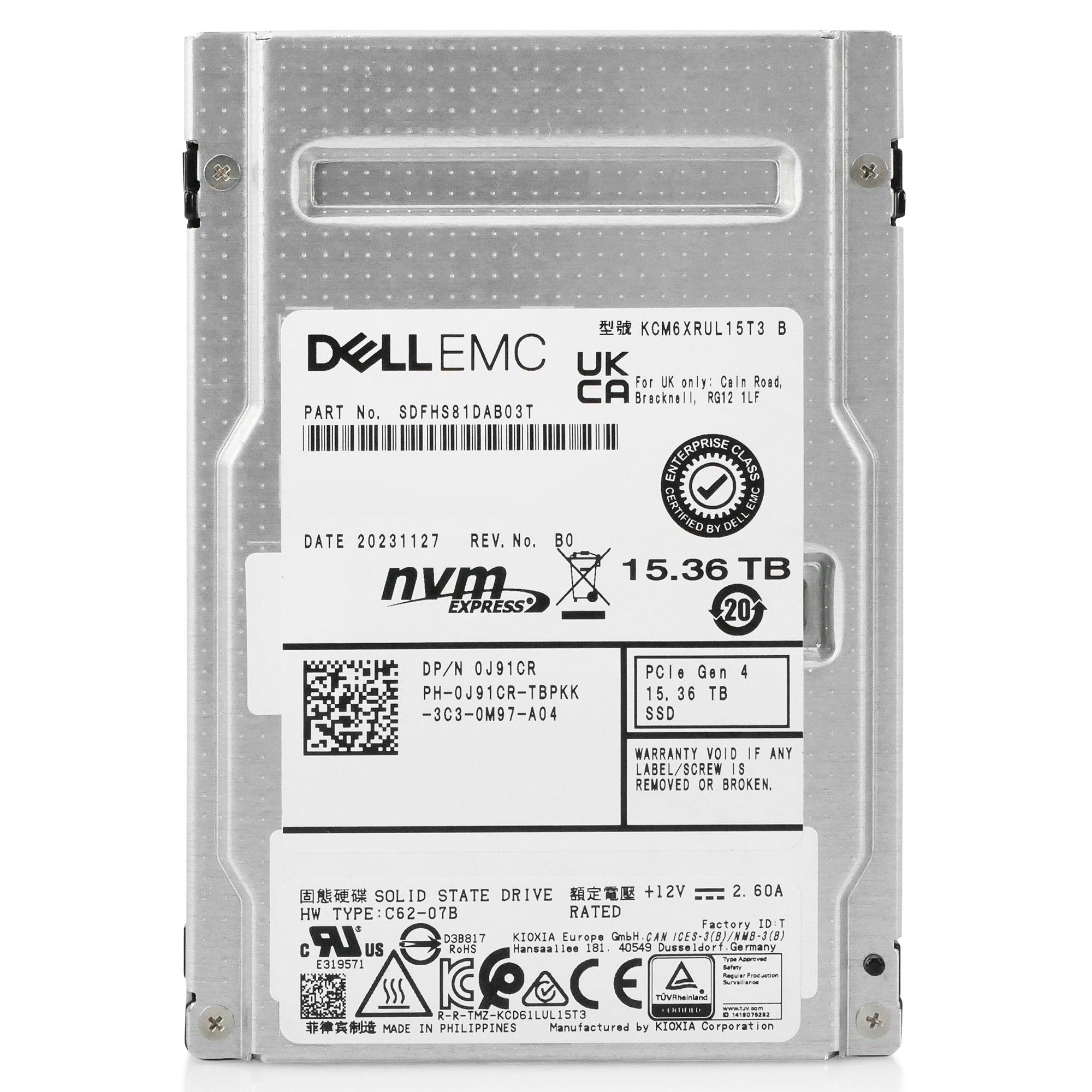 Dell/Kioxia CM6-R KCM6XRUL15T3 15.36TB 1 DWPD PCIe Gen 4.0 x4 8GB/s 3D TLC U.3 NVMe 2.5in Solid State Drive