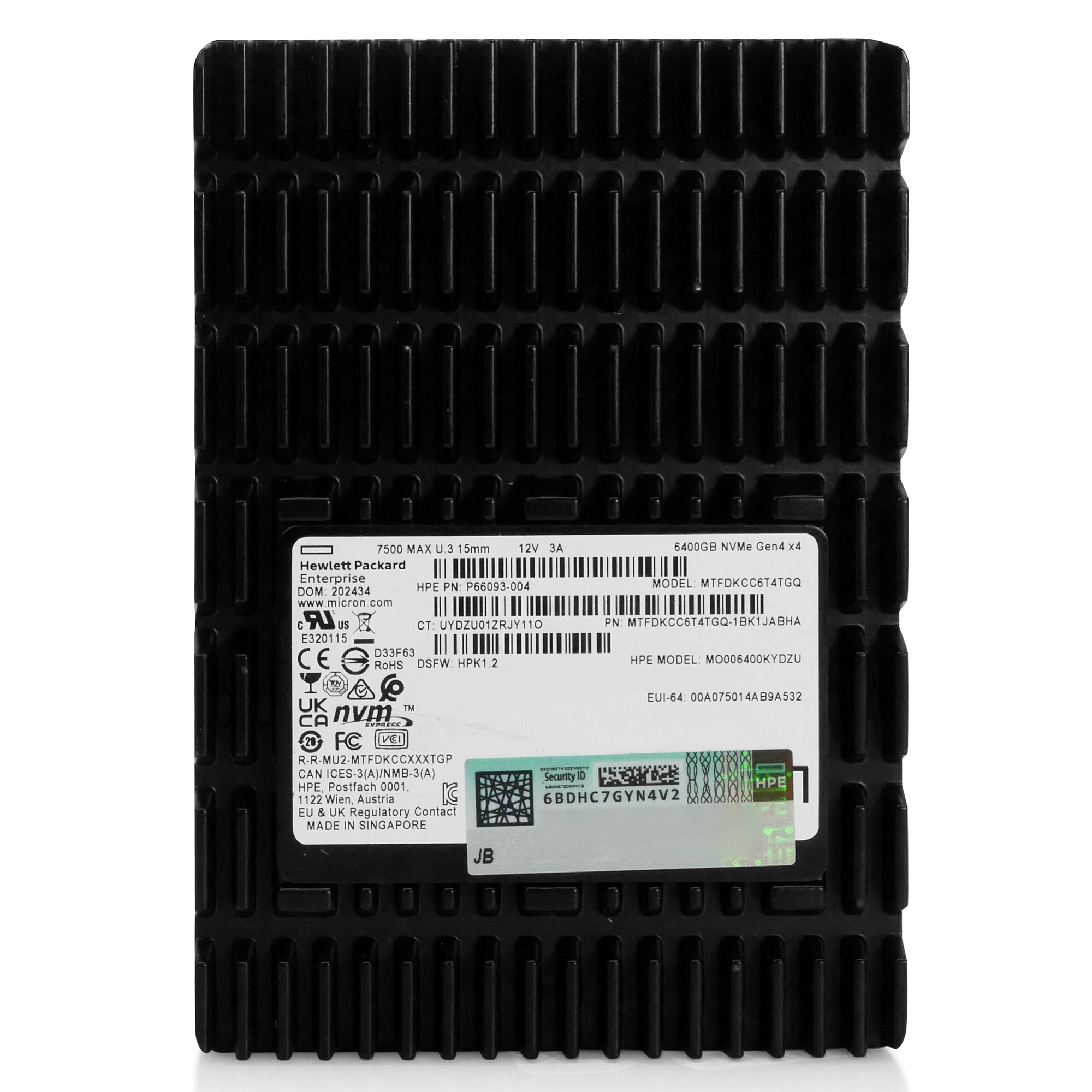 HP/Micron 7500 MAX MTFDKCC6T4TGQ 6.4TB PCIe Gen 4.0 x4 8GB/s 3D TLC U.3 NVMe 2.5in Recertified Solid State Drive