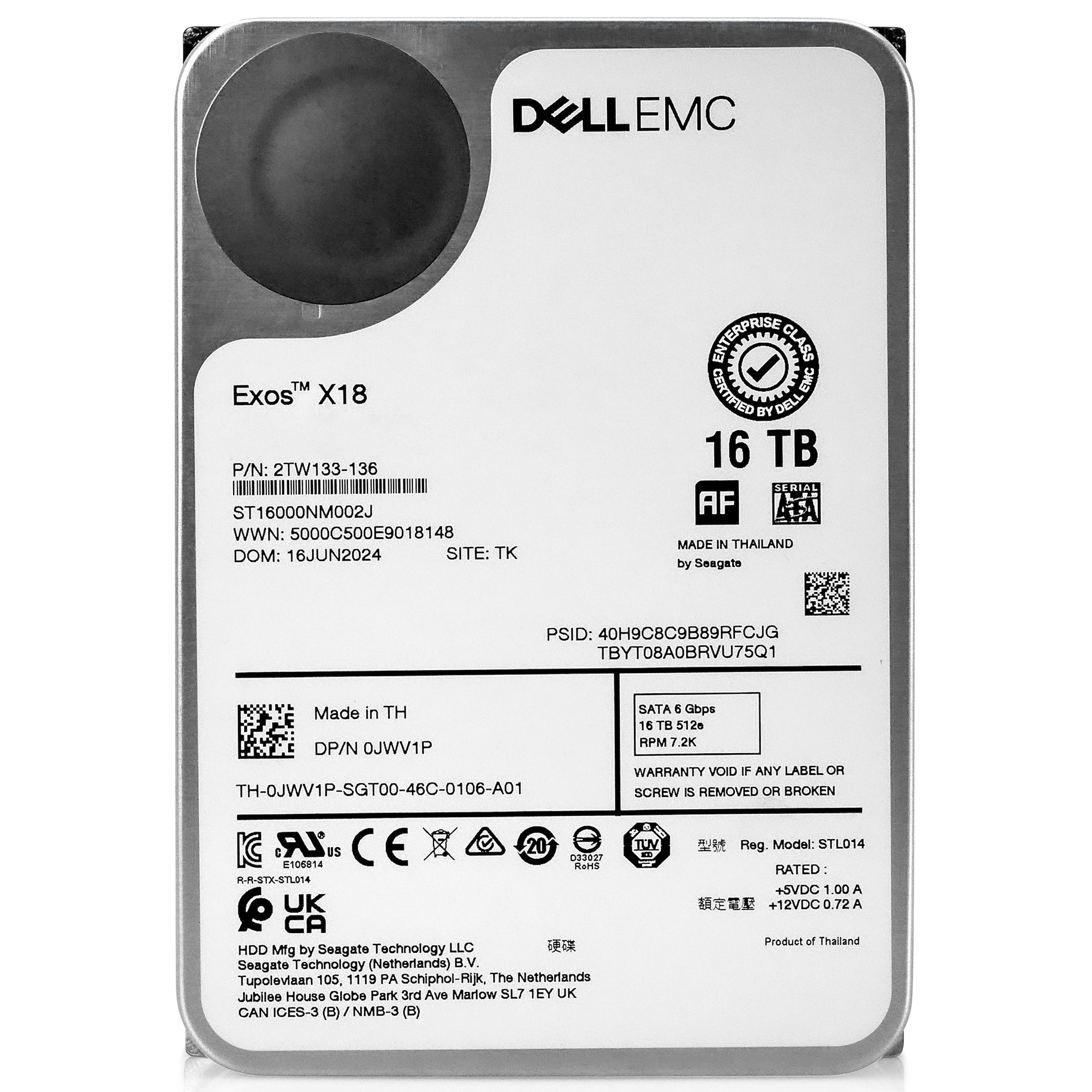 Dell/Seagate Exos X18 ST16000NM002J 16TB 7.2K RPM SATA 6Gb/s 512e 3.5in Hard Drive