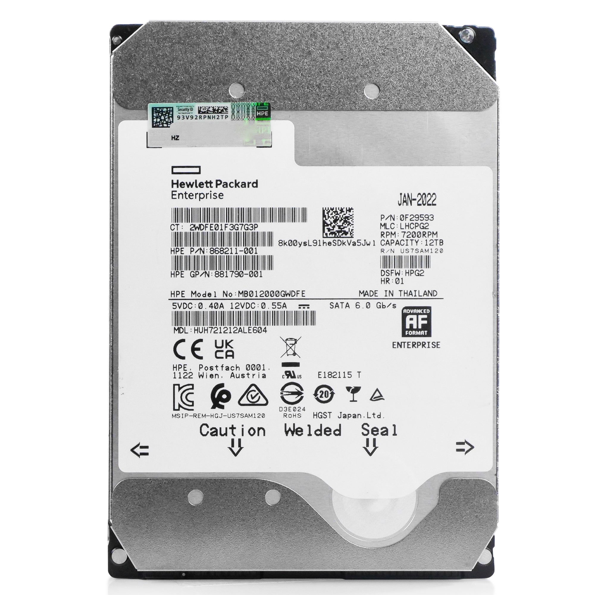 HP/Western Digital Ultrastar DC HC520 HUH721212ALE604 0F29593 12TB 7.2K RPM SATA 6Gb/s 512e 3.5in Refurbished HDD