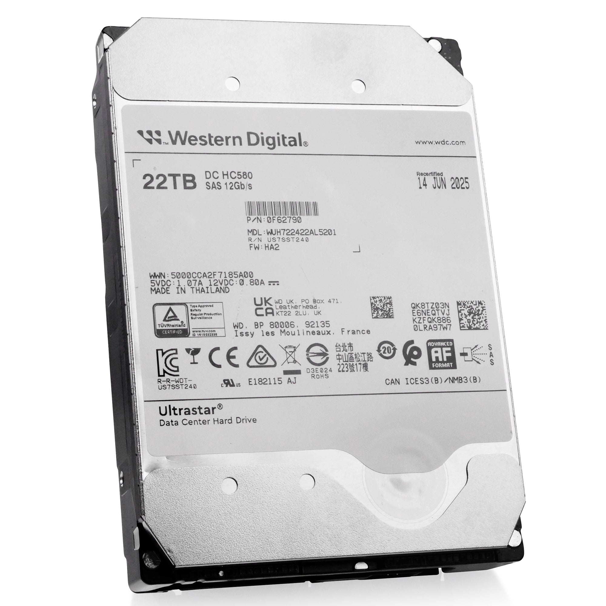 Western Digital Ultrastar DC HC580 WUH722422AL5201 0F62790 22TB 7.2K RPM SAS 12Gb/s 512e 3.5in Recertified Hard Drive