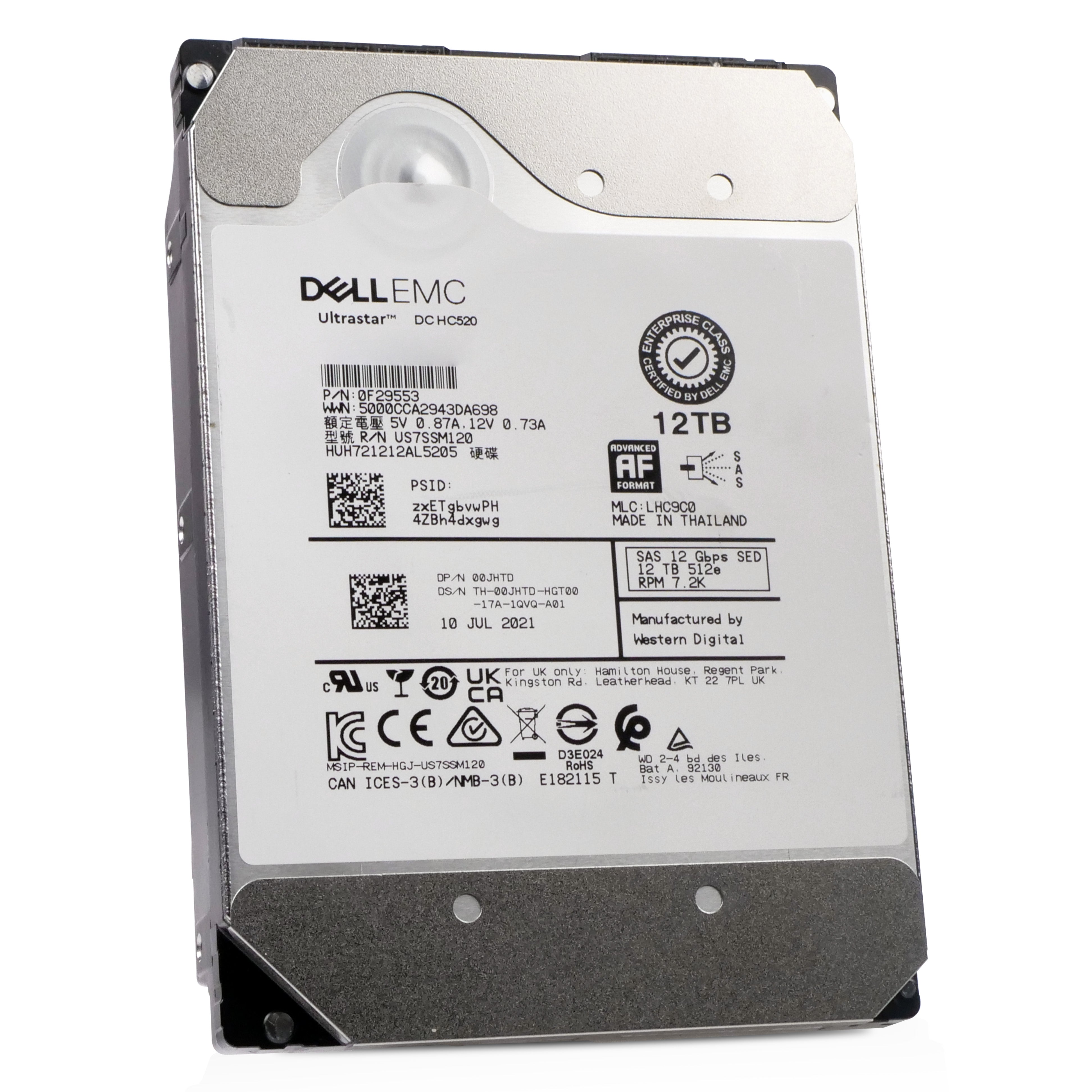 Dell/Western Digital Ultrastar DC HC520 HUH721212AL5205 0F29553 12TB 7.2K RPM SAS 12Gb/s 512e 256MB 3.5in Refurbished HDD