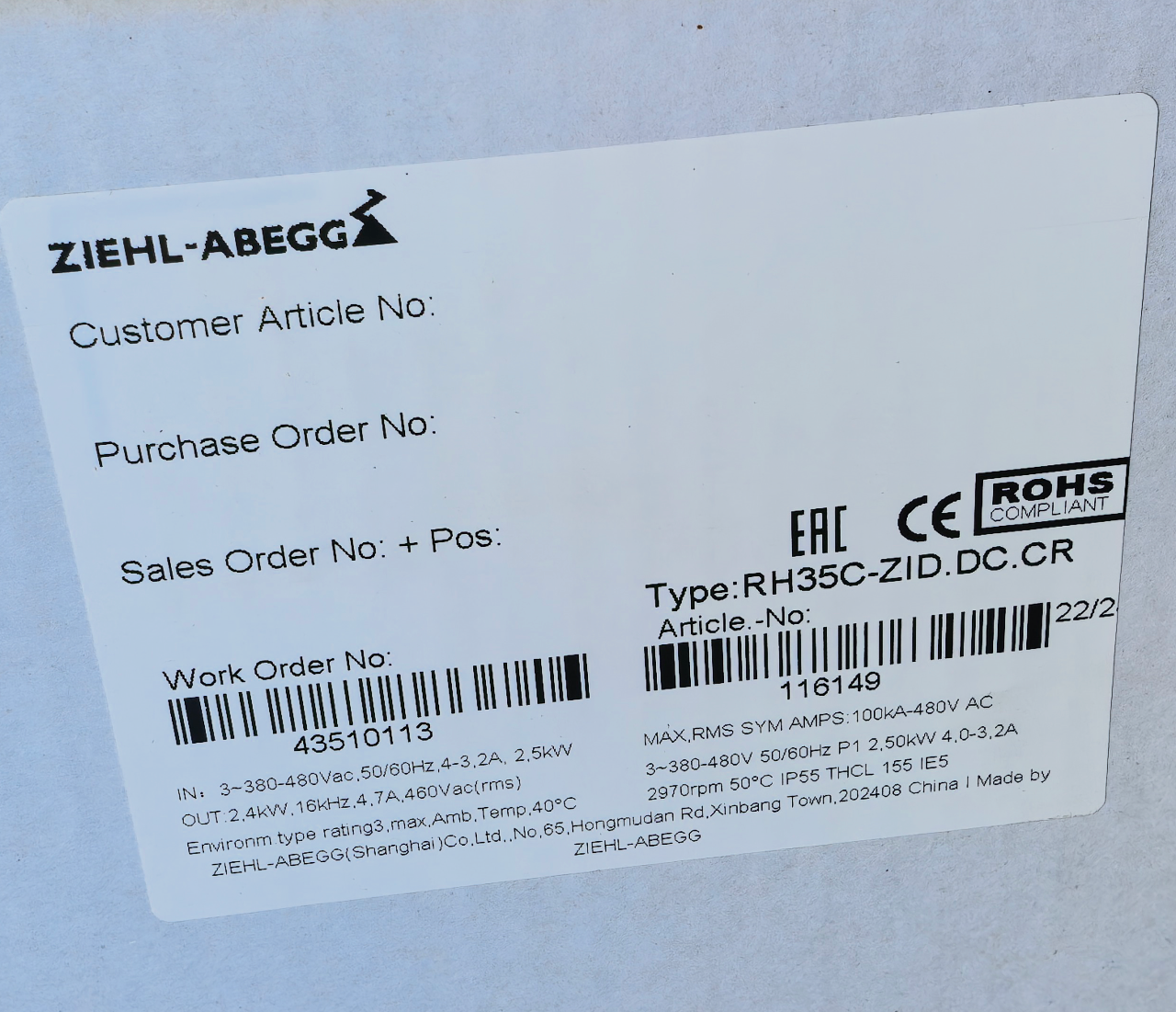 RH35C-ZID.DC.CR ZIEHL-ABEGG Centrifugal Fan | 380/480V 2.5kW | Durable, Quiet & High-Pressure