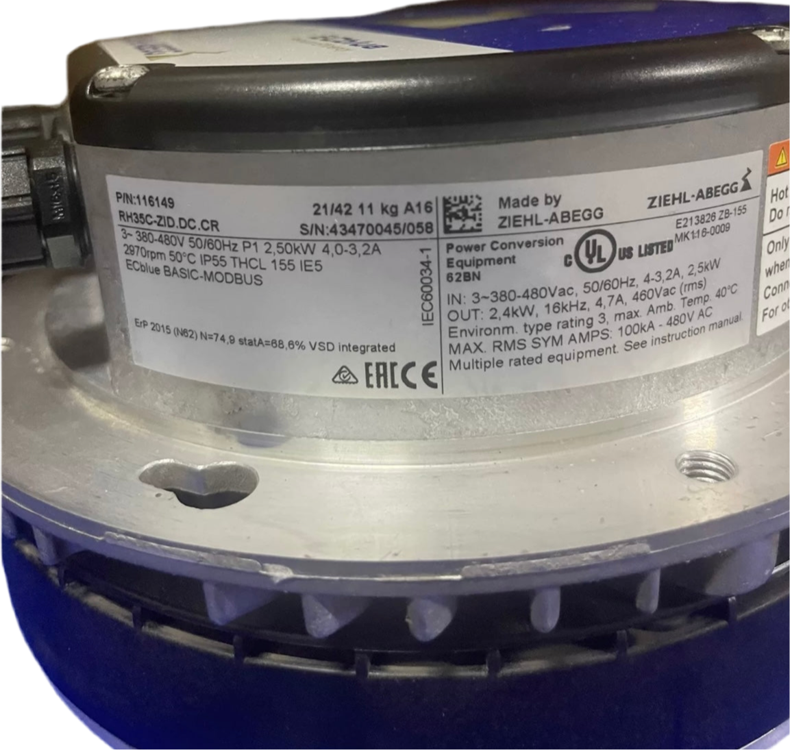 RH35C-ZID.DC.CR ZIEHL-ABEGG Centrifugal Fan | 380/480V 2.5kW | Durable, Quiet & High-Pressure
