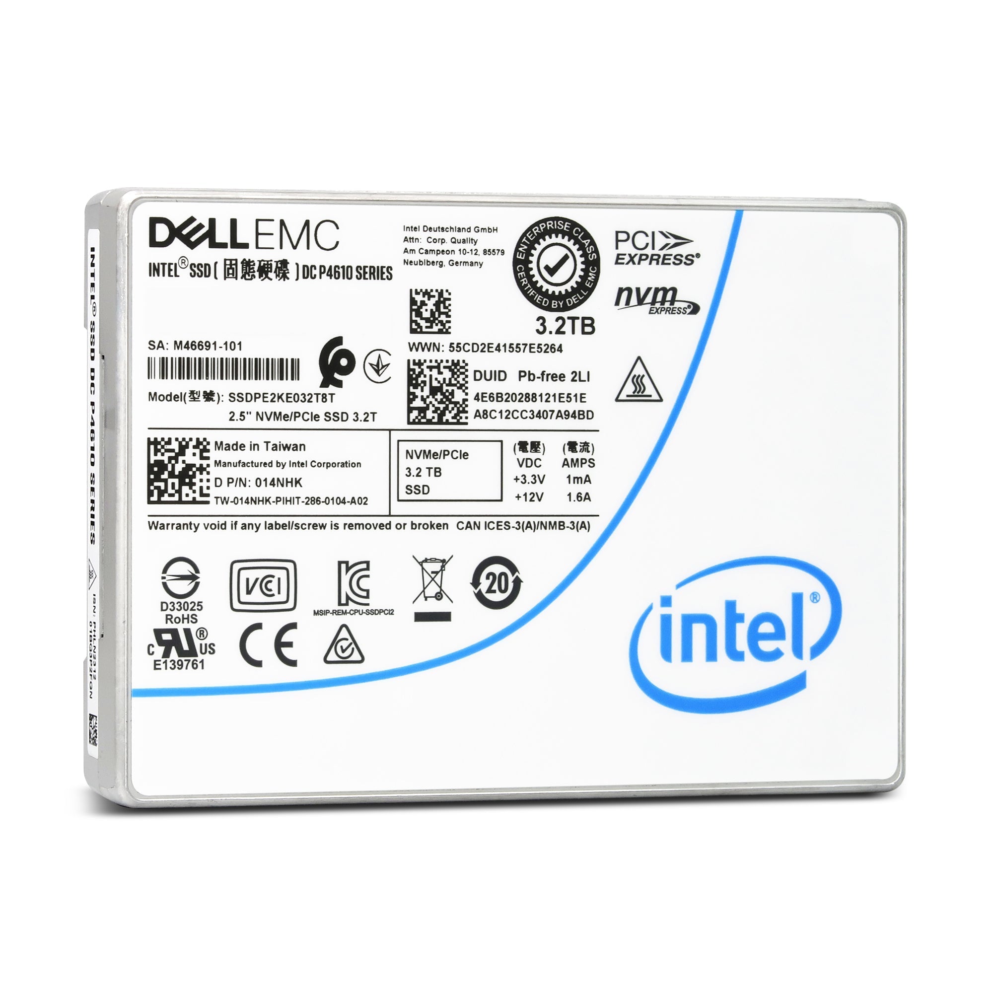 Intel/Dell P4610 SSDPE2KE032T8TB 014NHK 3.2TB PCIe Gen 3.1 X4 4GB/s 3D TLC 3DWPD U.2 NVMe 2.5in New Enterprise Solid State Drive
