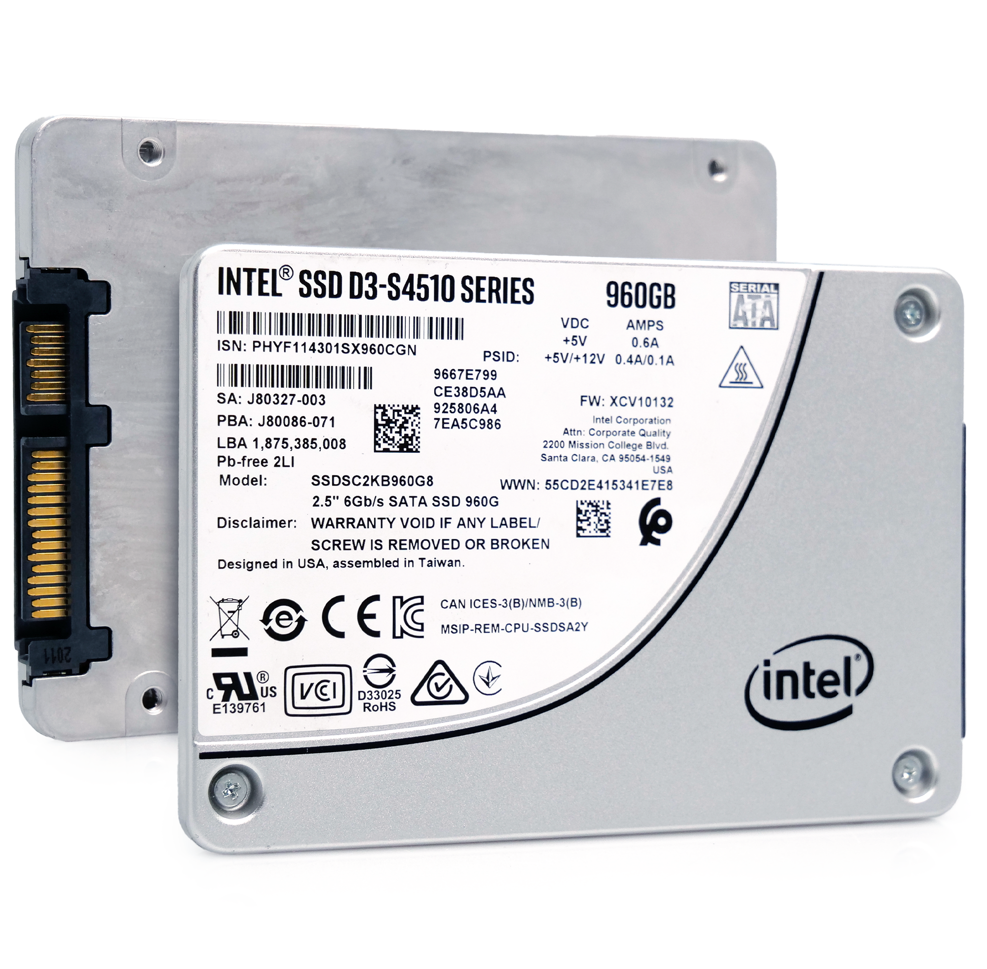 Intel S4510 SSDSC2KB960G8 960GB 2 DWPD SATA 6Gb/s 3D NAND, TLC 2.5in Solid State Drive