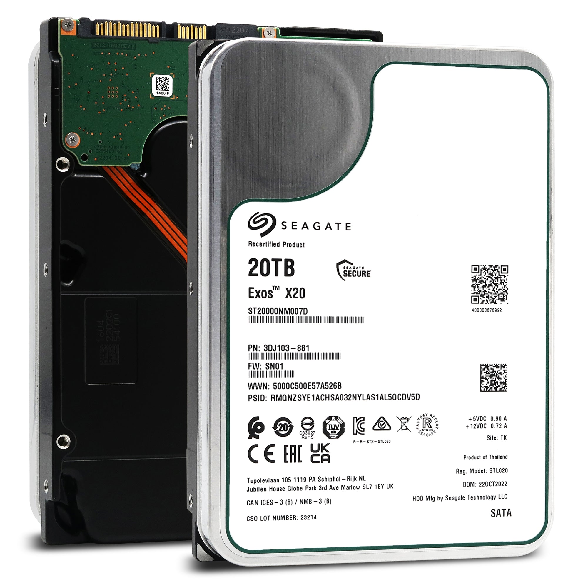 Seagate Exos X20 ST20000NM007D 20TB 7.2K RPM SATA 6Gb/s 3.5in Recertified Hard Drive