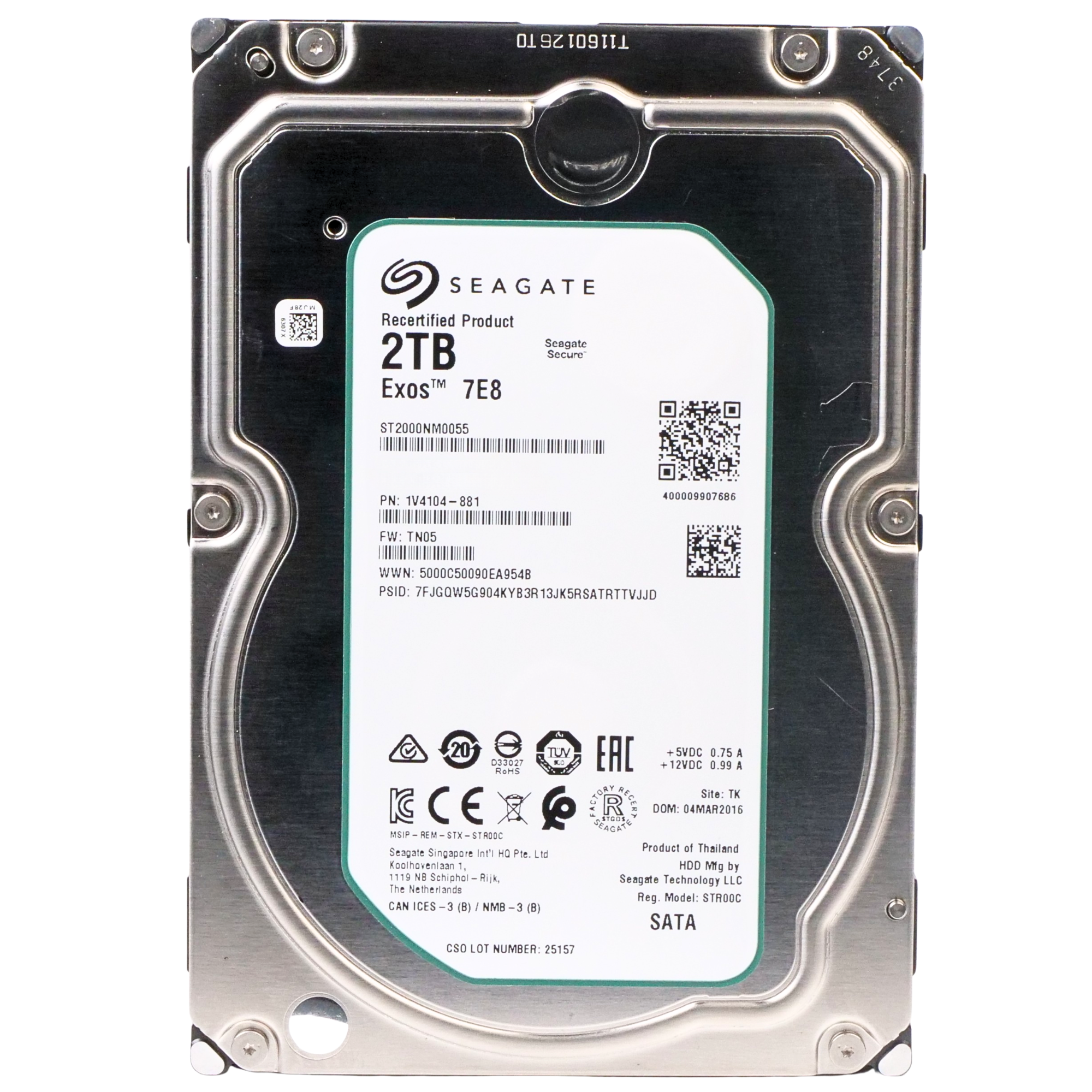 Seagate Exos 7E8 ST2000NM0055 2TB 7.2K RPM SATA 6Gb/s 512n 128MB 3.5in Recertified HDD