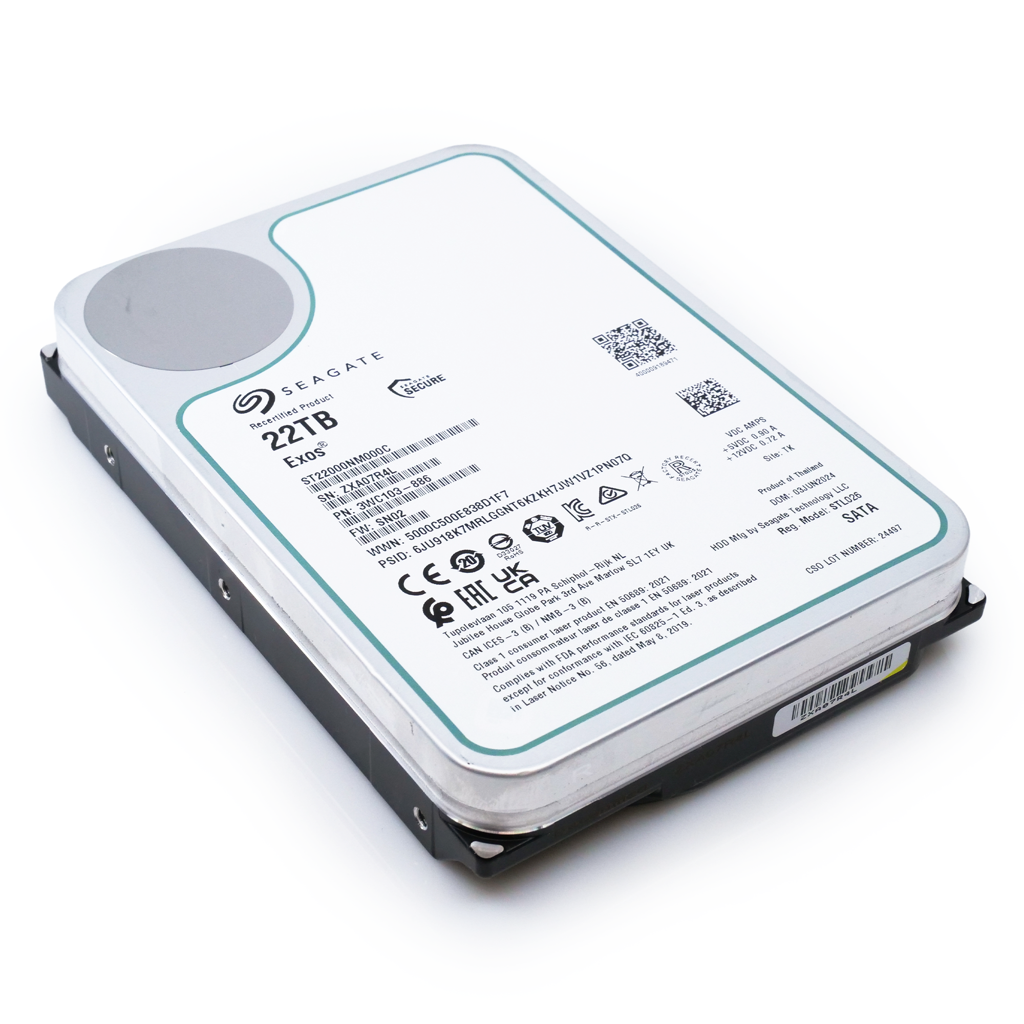 Seagate Exos ST22000NM000C 22TB 7.2K RPM SATA 6Gb/s 3.5in Recertified Hard Drive