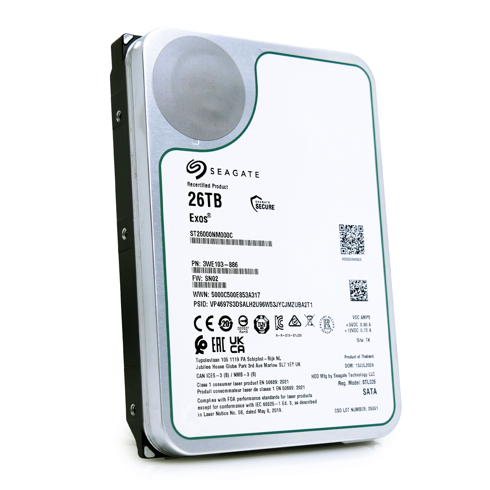 Seagate Exos ST26000NM000C 26TB 7.2K RPM SATA 6Gb/s 512e CMR 3.5in Recertified Hard Drive