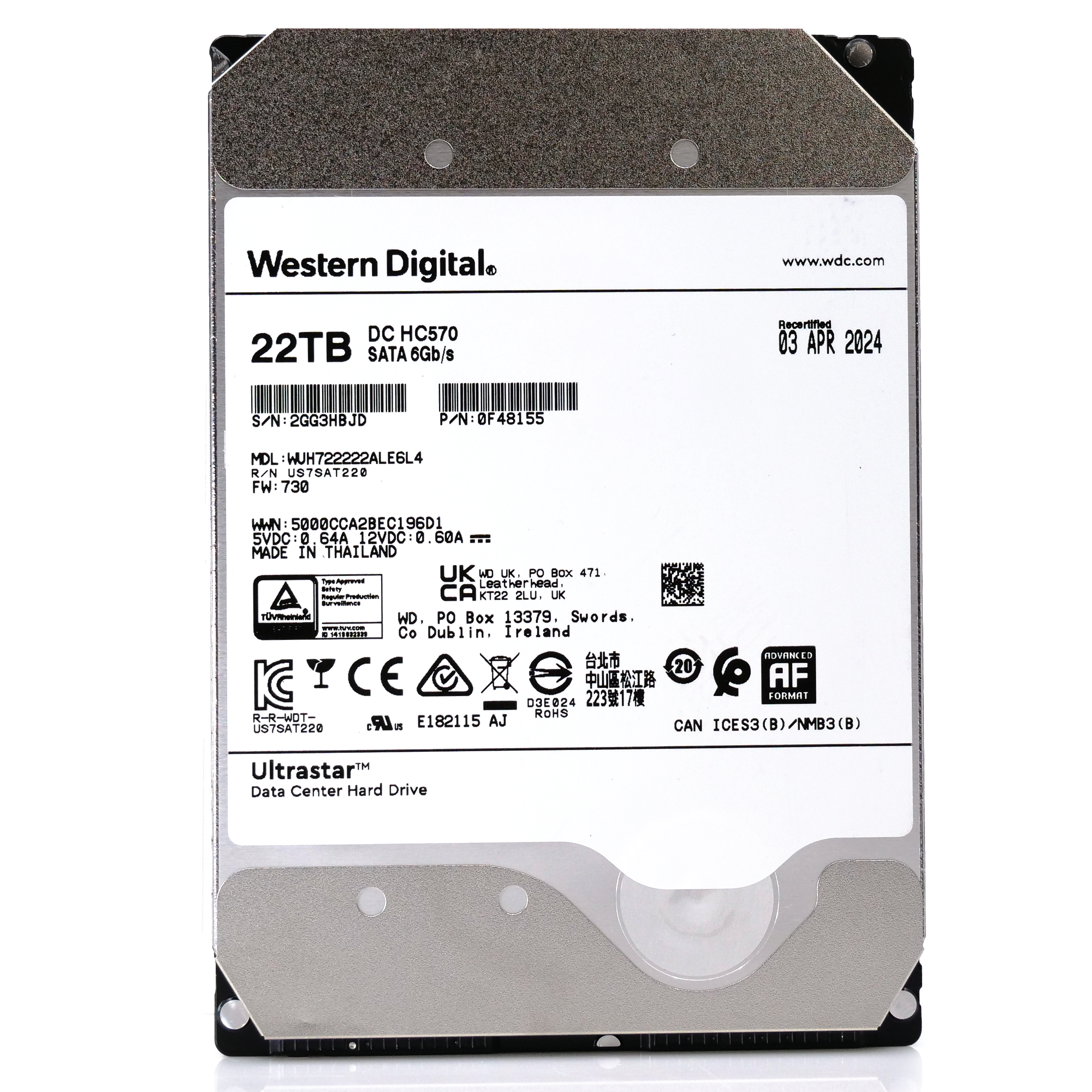 Western Digital Ultrastar DC HC570 WUH722222ALE6L4 0F48155 22TB 7.2K RPM SATA 6Gb/s 512e SE 3.5in Hard Drive