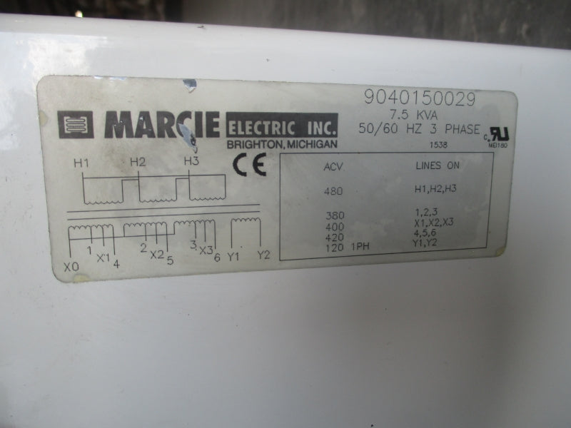 MARCIE ELECTRIC 7.5 kva TRANFORMER 9040150029 480VAC UNMP