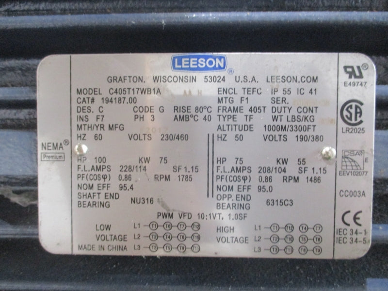 LEESON C405T17WB1A 194187.00 230/460V 228/114A 100HP 1785RPM NSMP