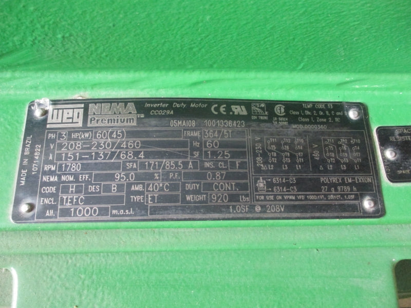 WEG 60 HP FRAME: 364/5T 10714822 208-230/460V 151-137/68.4A NSMP