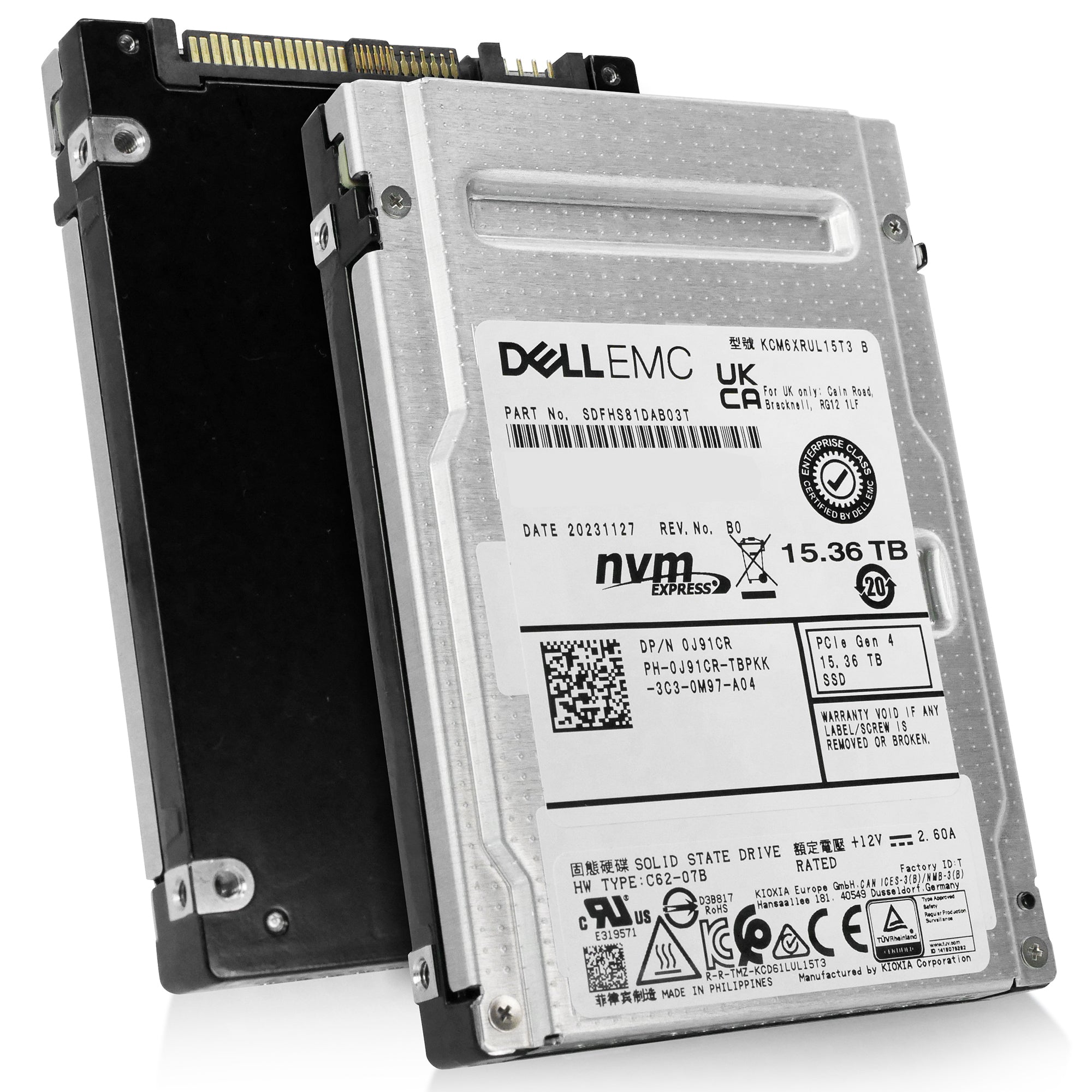 Dell/Kioxia CM6-R KCM6XRUL15T3 15.36TB 1 DWPD PCIe Gen 4.0 x4 8GB/s 3D TLC U.3 NVMe 2.5in Recertified Solid State Drive