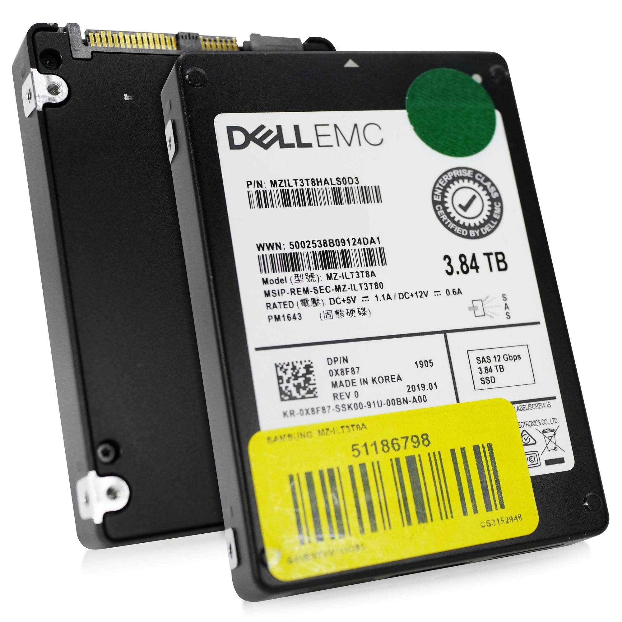 Dell/Samsung PM1643 MZILT3T8HALS0D3 0X8F87 3.84TB 1 DWPD SAS 12Gb/s 3D TLC 2.5in Refurbished SSD