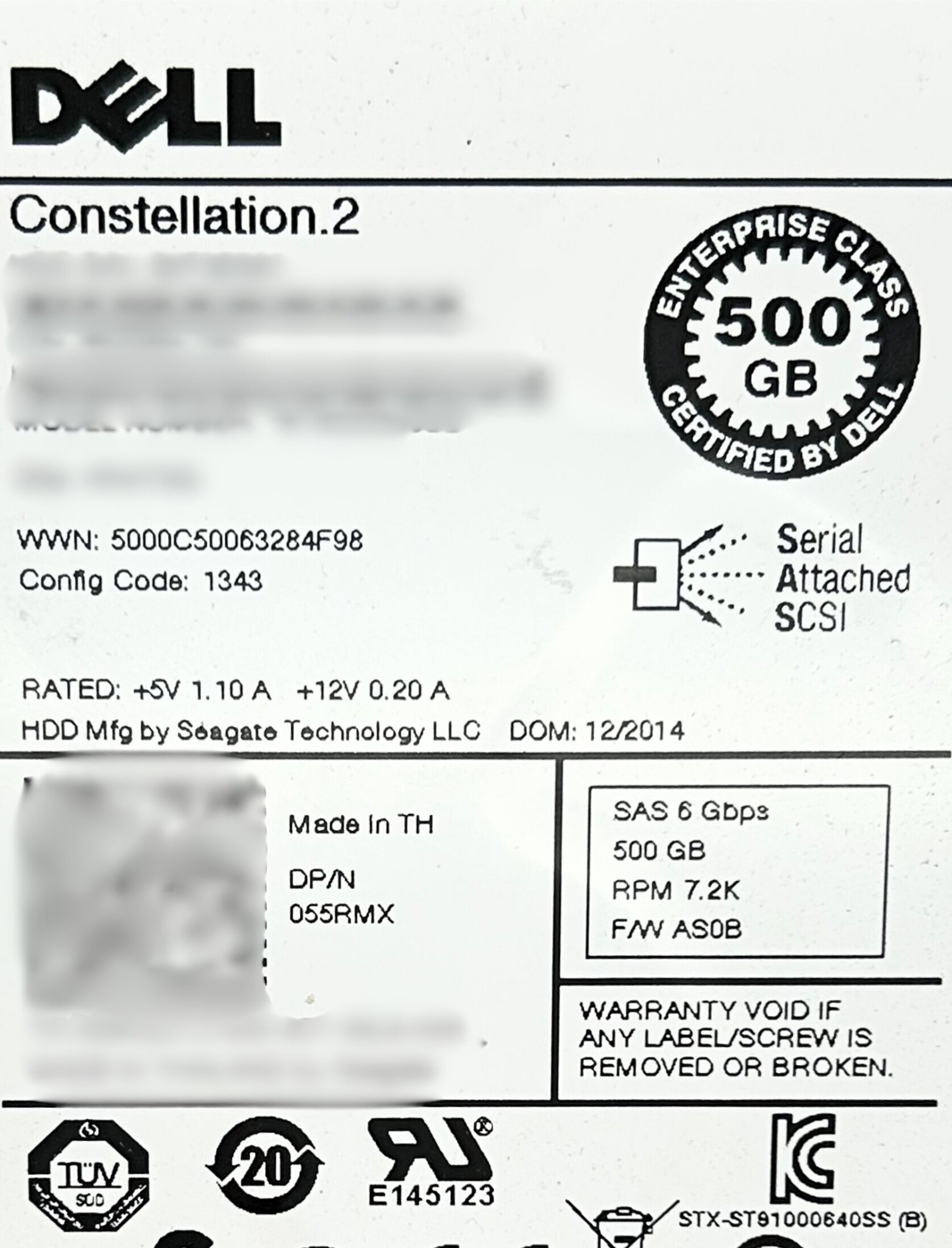 Dell 055RMX 500GB 7.2K SAS 2.5" 6G EP