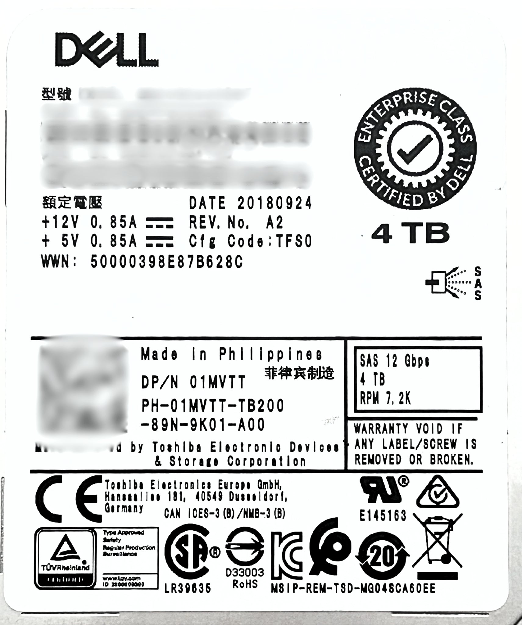 Dell 1MVTT 4TB SAS 3.5" 12G HDD