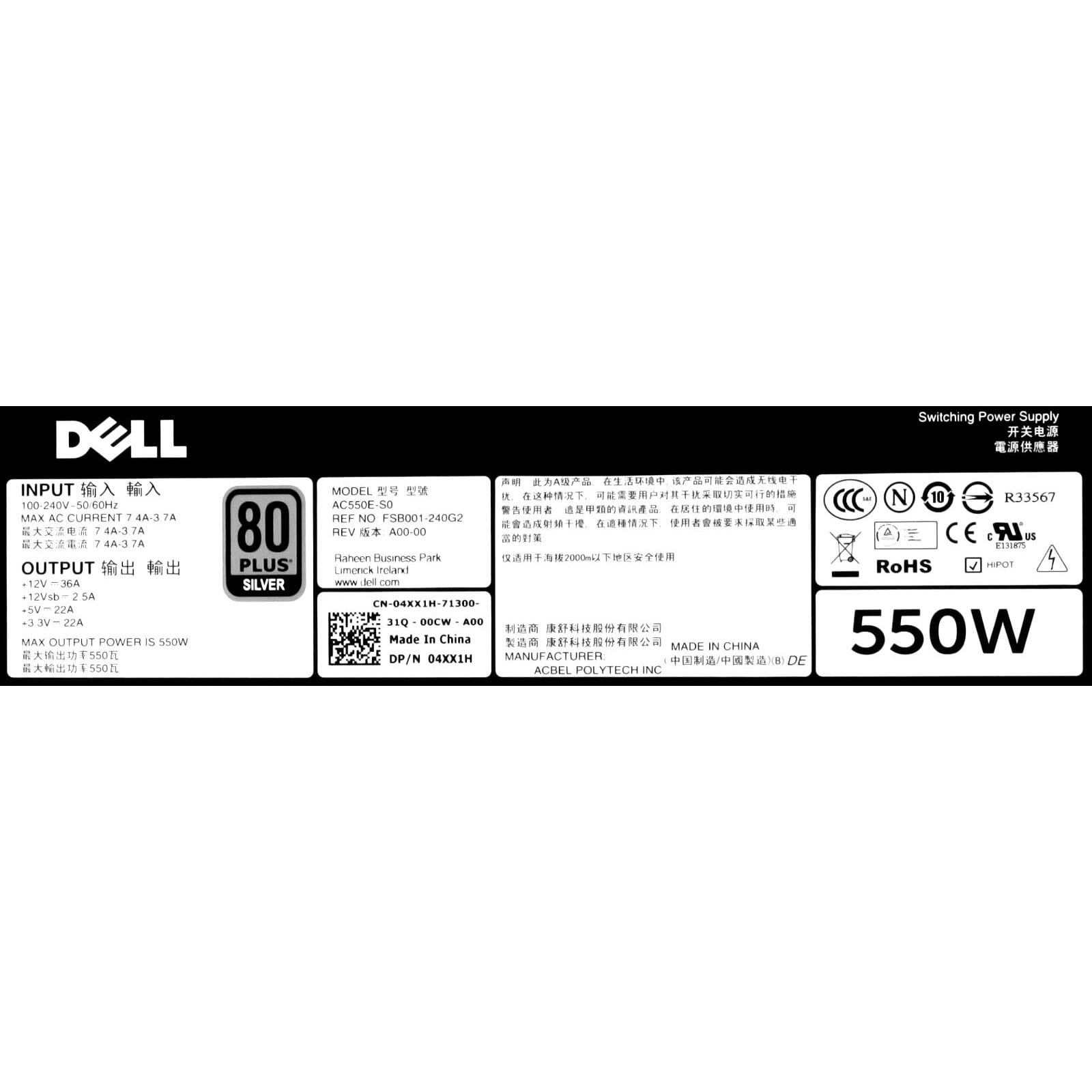 Dell AC550E-S0 550W Refurbished Power Supply for PowerEdge Servers