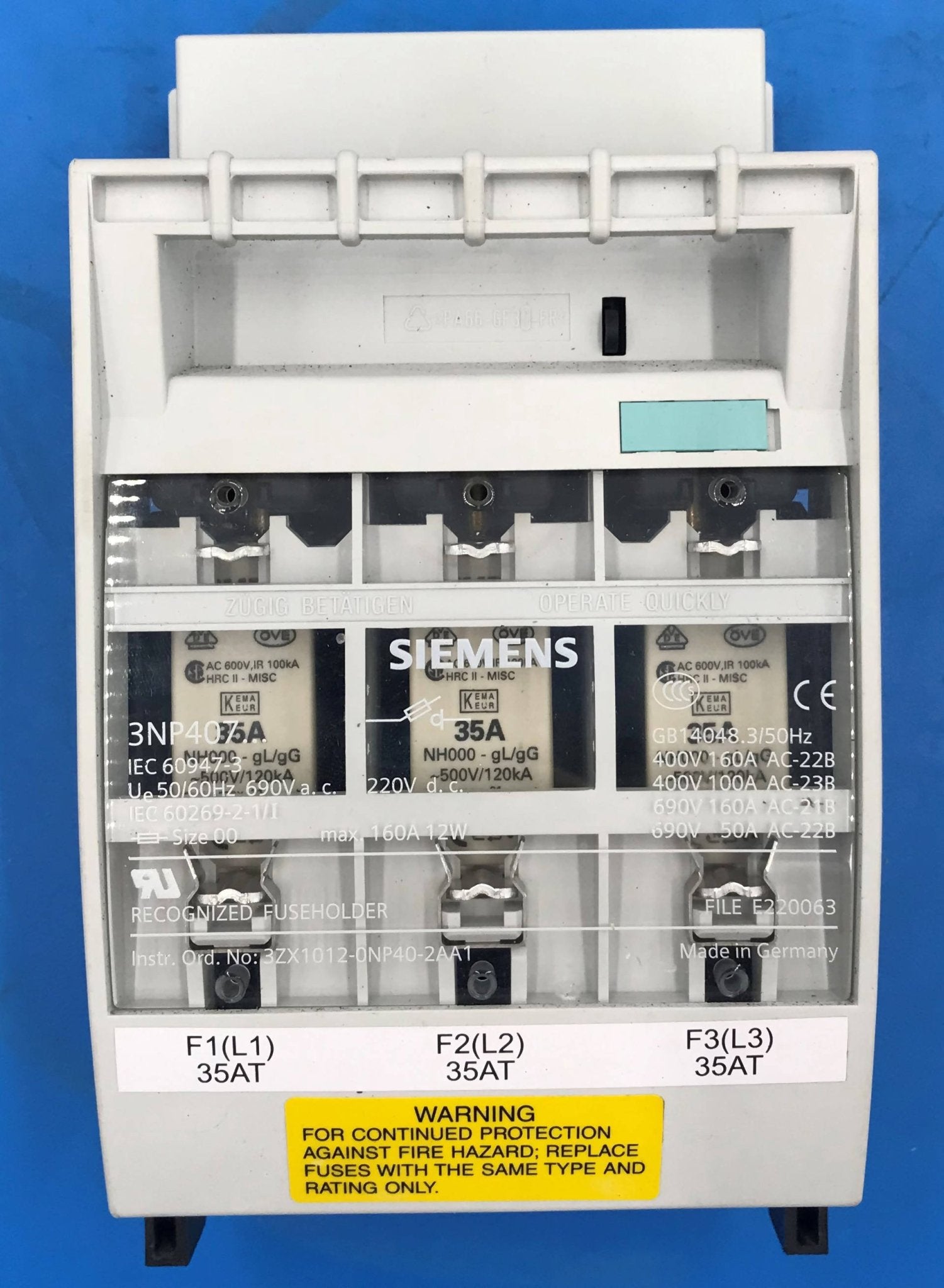 Fuse Holder W/ Fuses (3X1012-0NP40-2AA1/3NA3 814 x3 Siemens