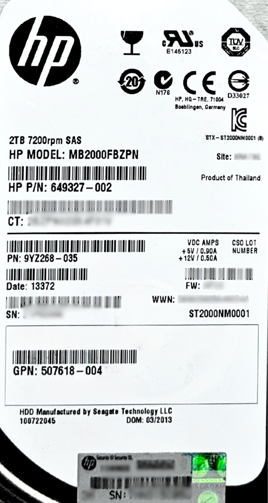 HP 649327-002 HP 2TB 7.2K 6G LFF SAS HDD