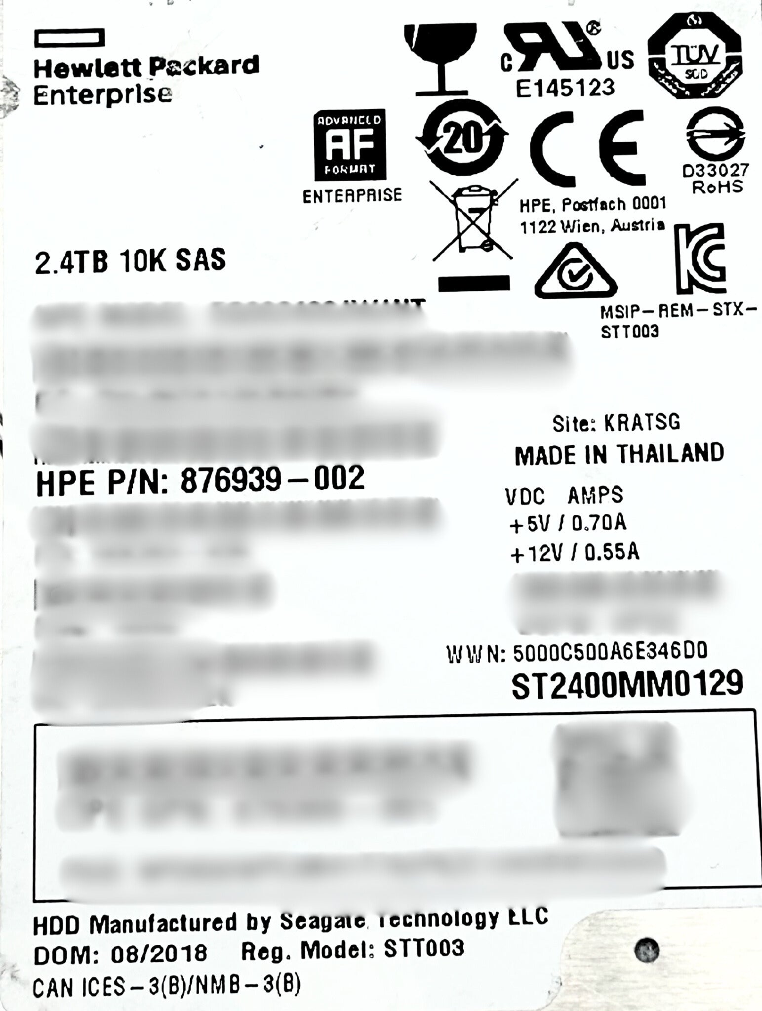 HP 876939-002 2.4TB 10K 12G SAS SFF ENT HDD Hard Disk Drive 2.5 inch