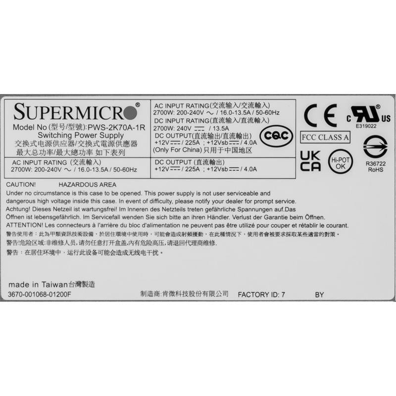 Supermicro PWS-2K70A-1R Redundant Power Supply 2700W 80 Plus Titanium with PMBus