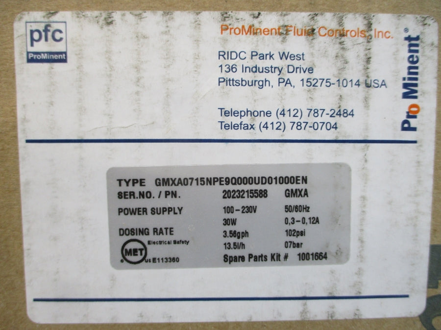 PROMINENT GMXA0715NPE9Q000UD01000EN 100-230V 0.3-0.12A 102PSI NSMP