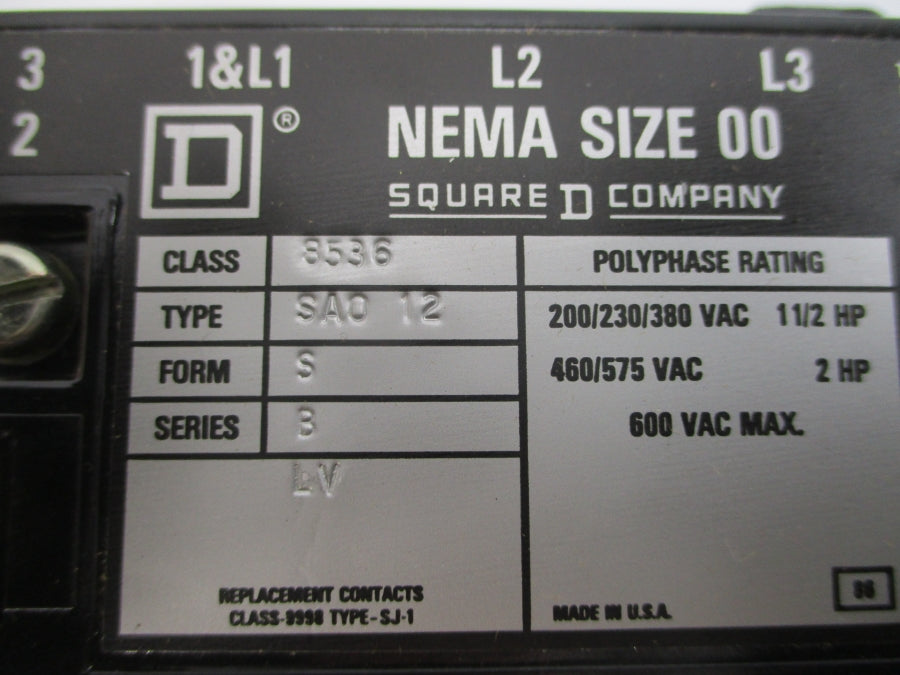 SQUARE D 8536SAO12S SER. B 110/120V NSMP