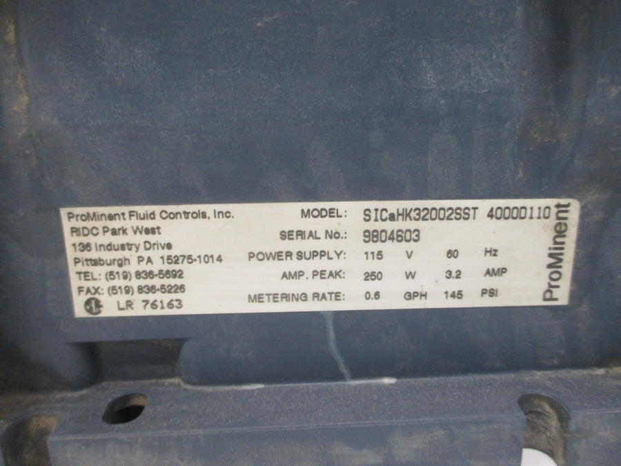 PROMINENT FLUID CONTROLS SICAHK32002SST 4000D110 115V 3.2A 145PSI UNMP