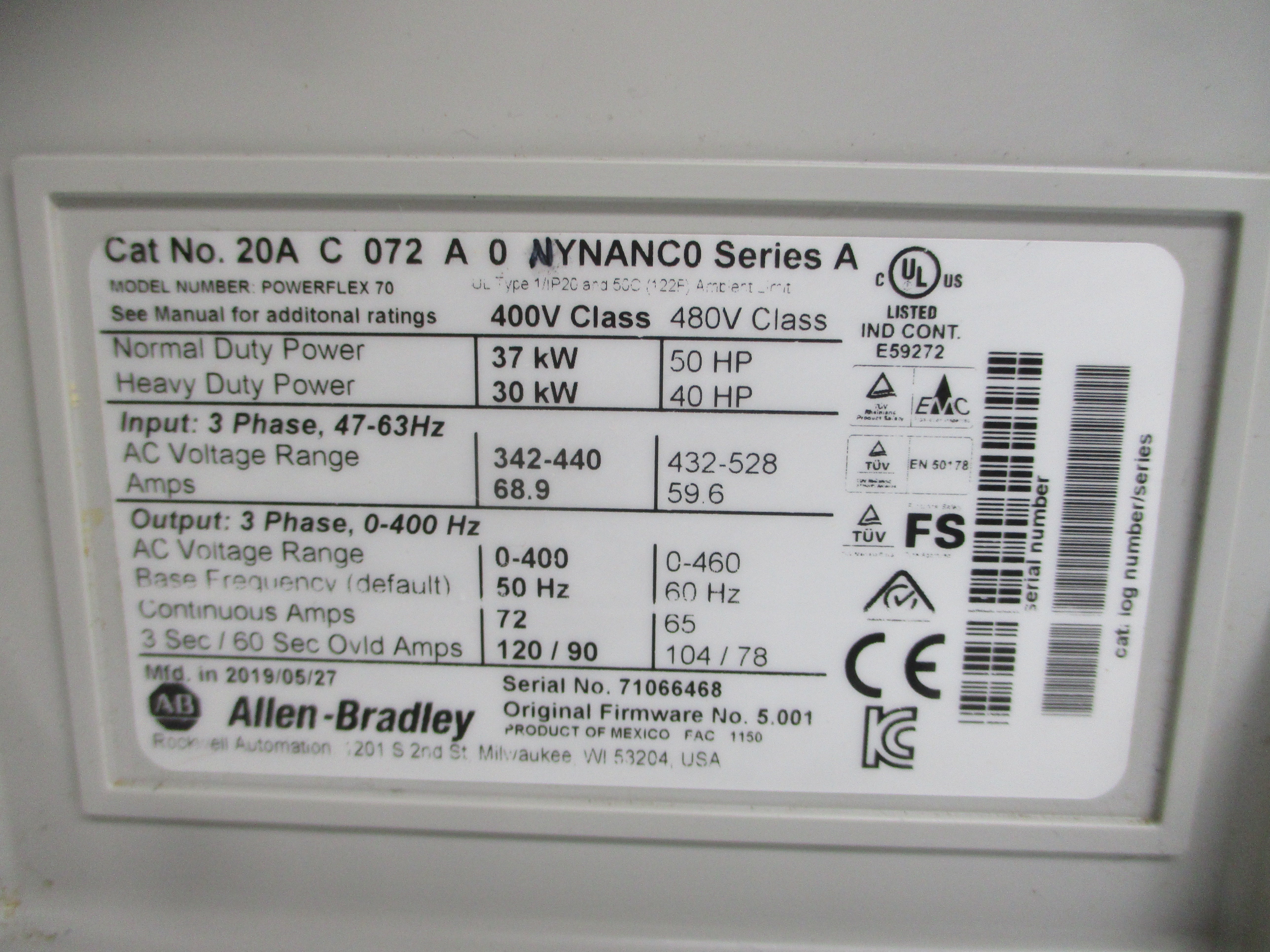 ALLEN BRADLEY 20AC072A0NYNANC0 SER. A F/W 5.001 432-528VAC 59.6A UNMP