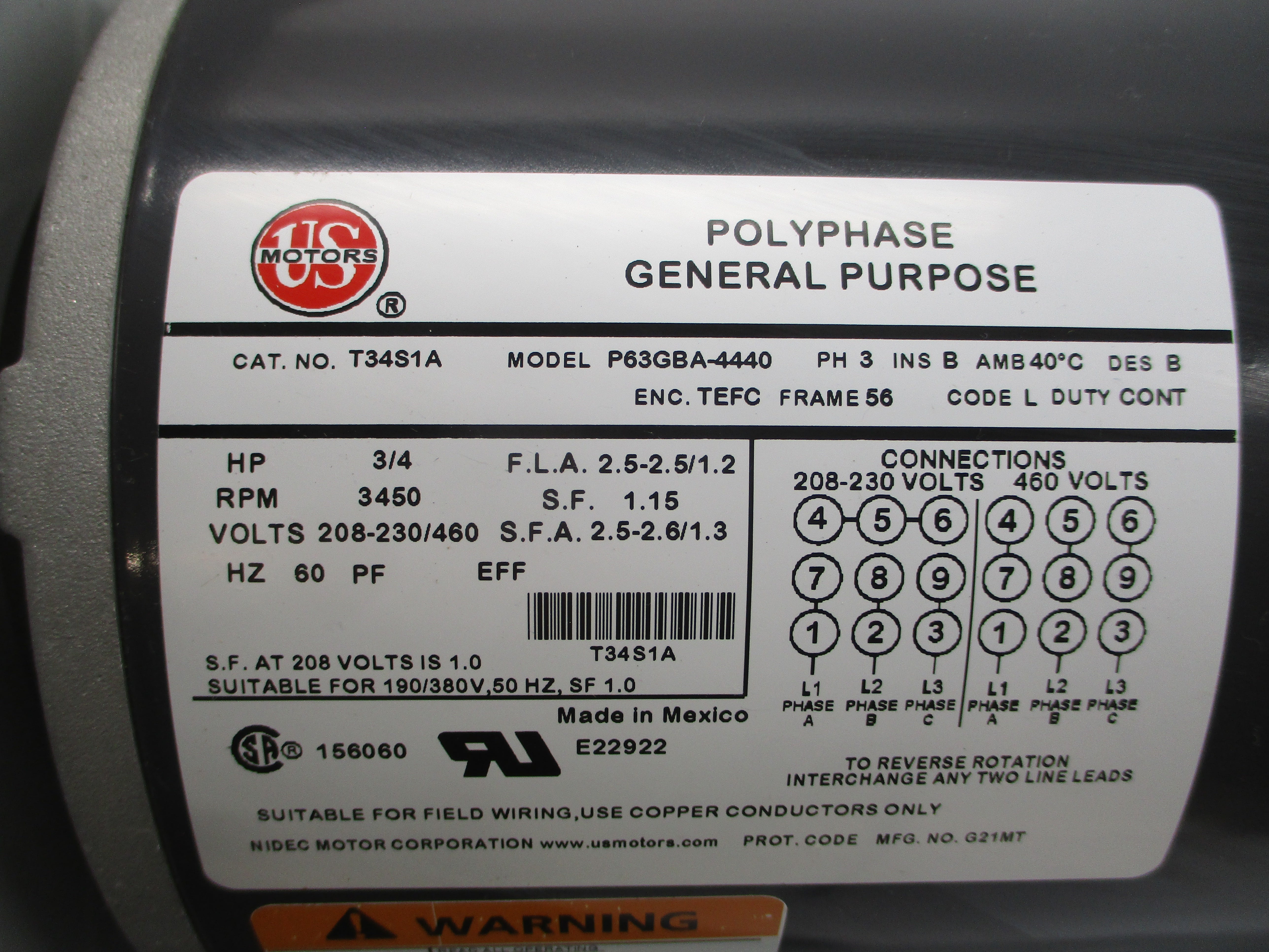 NATIONAL FAN NHADP10D-3-T T34S1A P63GBA-4440 208-230/460V 2.5-2.5/1.2A NSNP