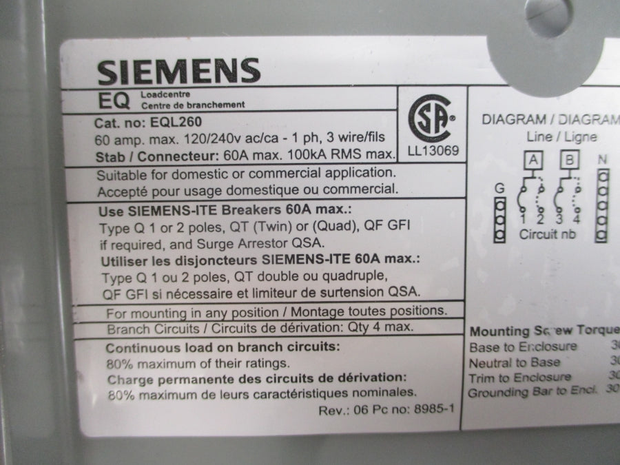 SIEMENS EQL260S 120/240V 60A NSMP