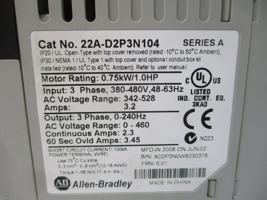 ALLEN BRADLEY 22A-D2P3N104 SER. A F/W 7.02 342-528VAC 2.3A NSMP