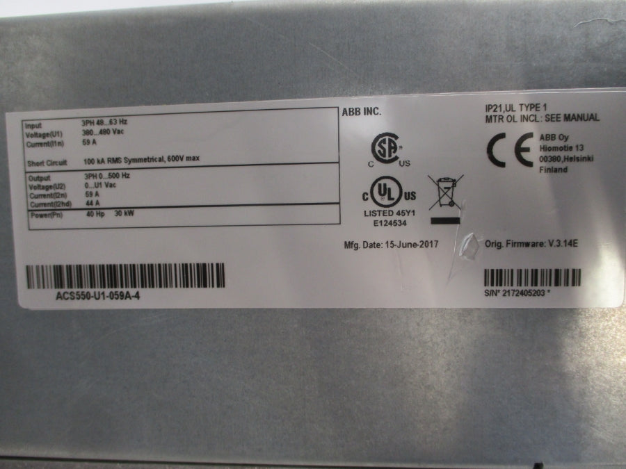 ABB ACS550-U1-059A-4 F/W V.3.14E 380-480VAC 59A UNMP