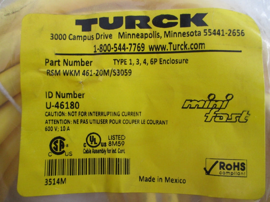 TURCK RSMWKM461-20M/S3059 U-46180 600V 10A NSMP