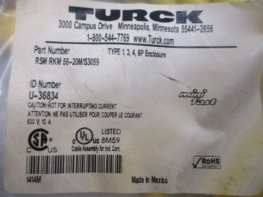 TURCK RSMRKM56-20M/S3059 U-36834 600V 10A NSMP