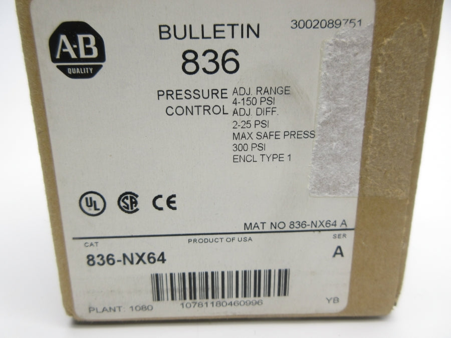 ALLEN BRADLEY 836-NX64 SER. A 24-600V 4-150PSI (BR/WH) NSMP