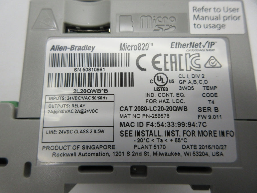 ALLEN BRADLEY 2080-LC20-20QWB SER. B F/W 9.011 24VDC/AC NSNP