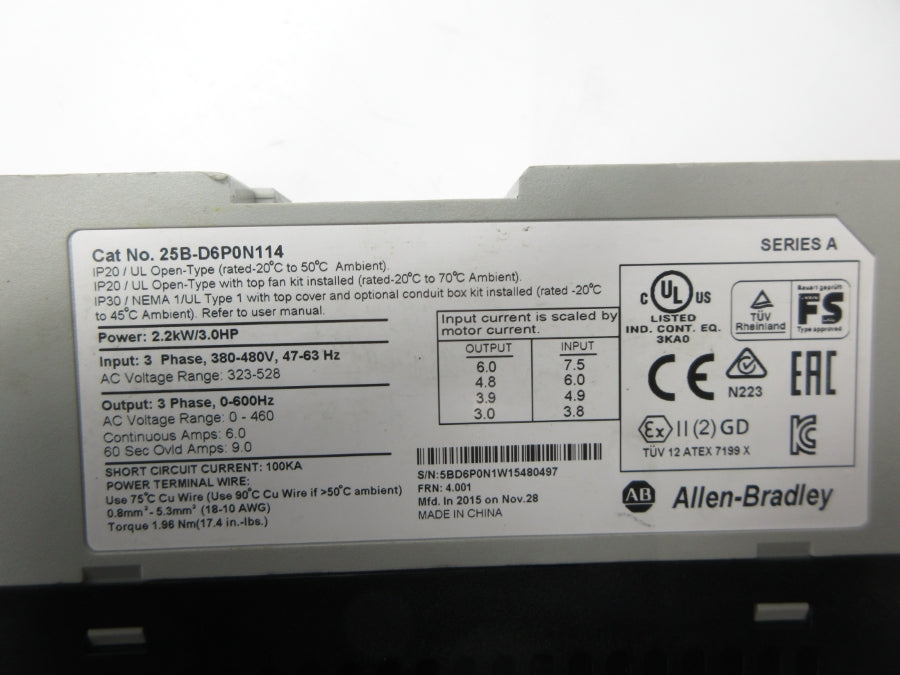 ALLEN BRADLEY 25B-D6P0N114 SER. A F/W 4.001 323-528VAC 7.5A NSNP