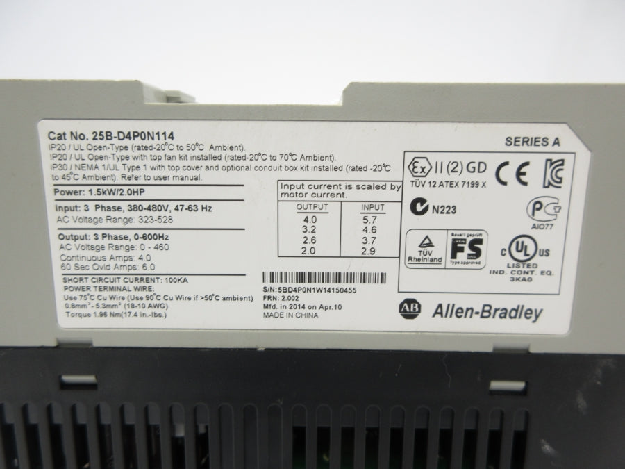 ALLEN BRADLEY 25B-D4P0N114 SER. A F/W 2.002 323-528VAC 5.7A NSNP