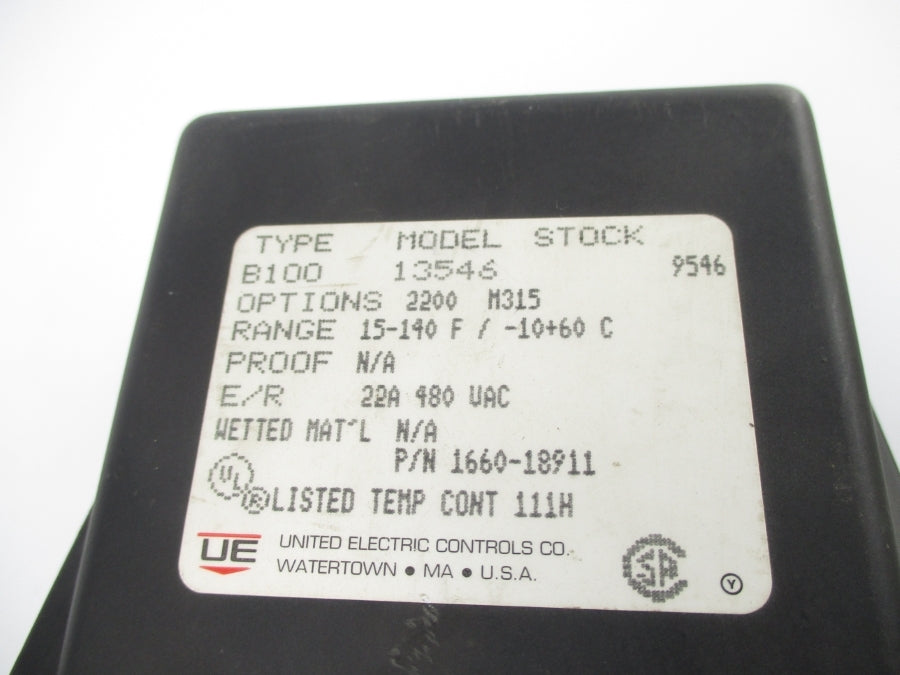 UNITED ELECTRIC B10013546 1160-18911 480VAC 22A 15-140'F NSNP