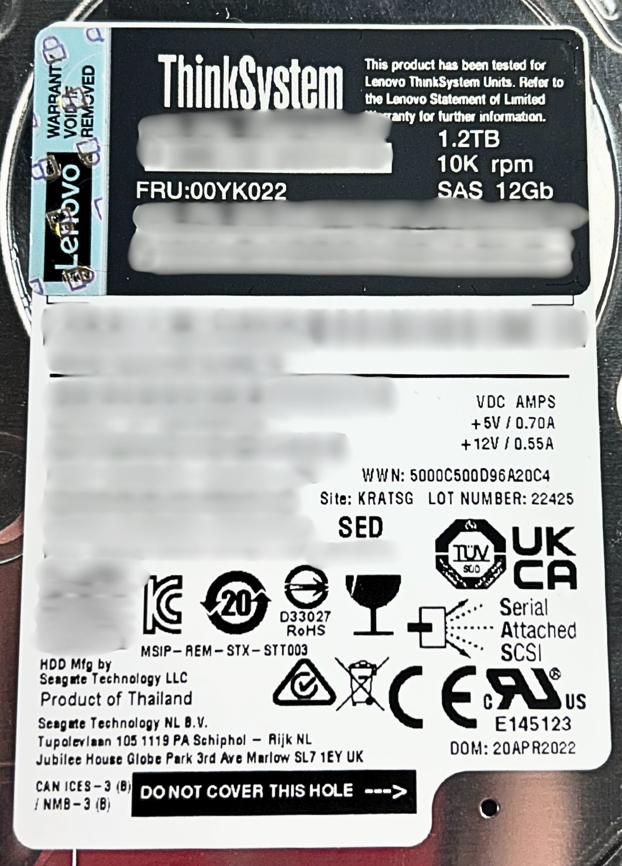 Lenovo 00YK022 1.2TB 10K 2.5 Inch SAS 12GB SED Hard Disk Drive