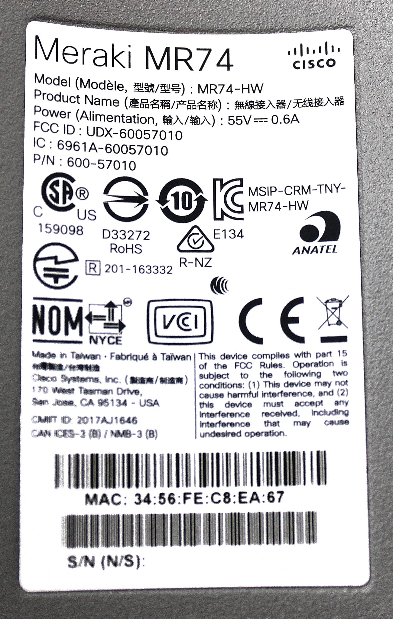 Meraki MR74-HW Dual-Band 2X2 MIMO 802.11AC WAVE 2T